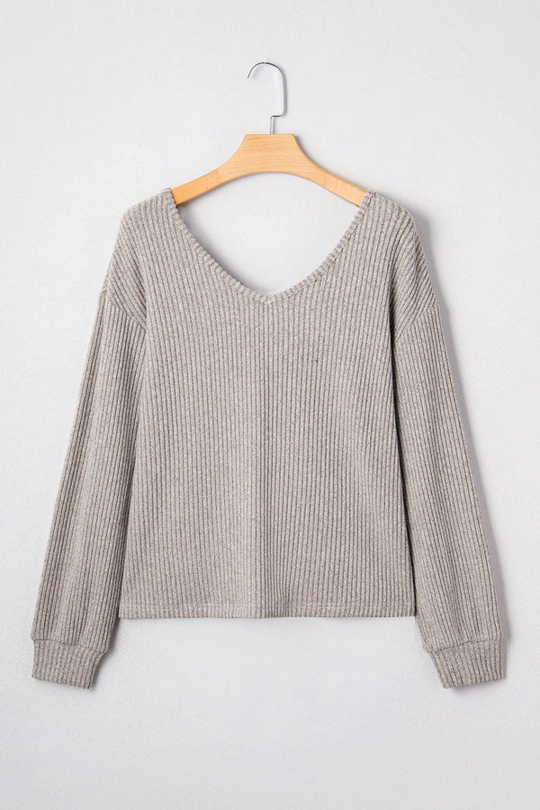 Bow Back Ribbed Knit V Neck Long Sleeve Top