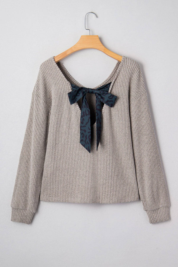 Bow Back Ribbed Knit V Neck Long Sleeve Top