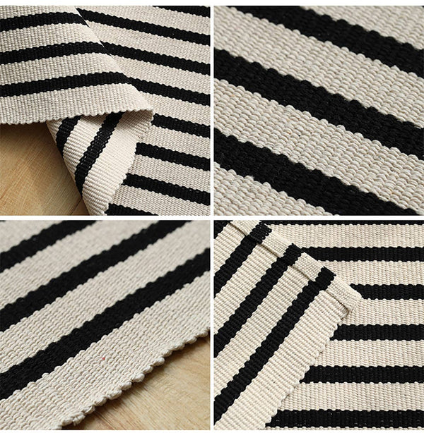 Black-Ivory Cotton Blend Classic Striped Small Area Rug