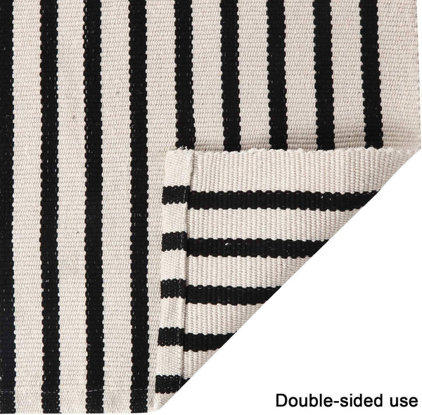 Black-Ivory Cotton Blend Classic Striped Small Area Rug