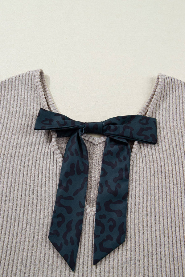 Valentine's Bow Back Ribbed Knit V Neck Long Sleeve Top