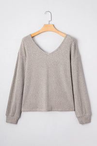 Valentine's Bow Back Ribbed Knit V Neck Long Sleeve Top