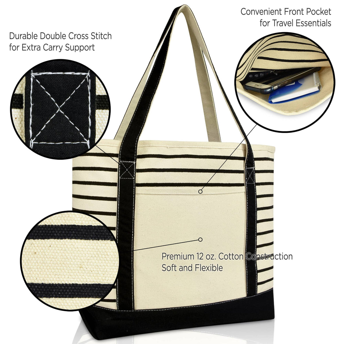 DALIX Striped Tote Deluxe Shoulder Bag Cotton Canvas