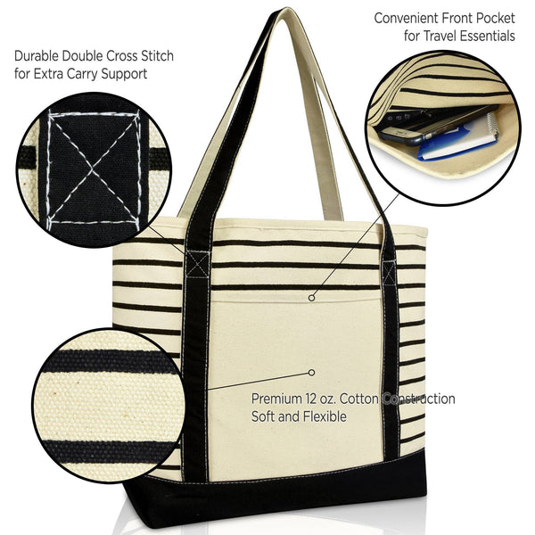 DALIX Striped Tote Deluxe Shoulder Bag Cotton Canvas