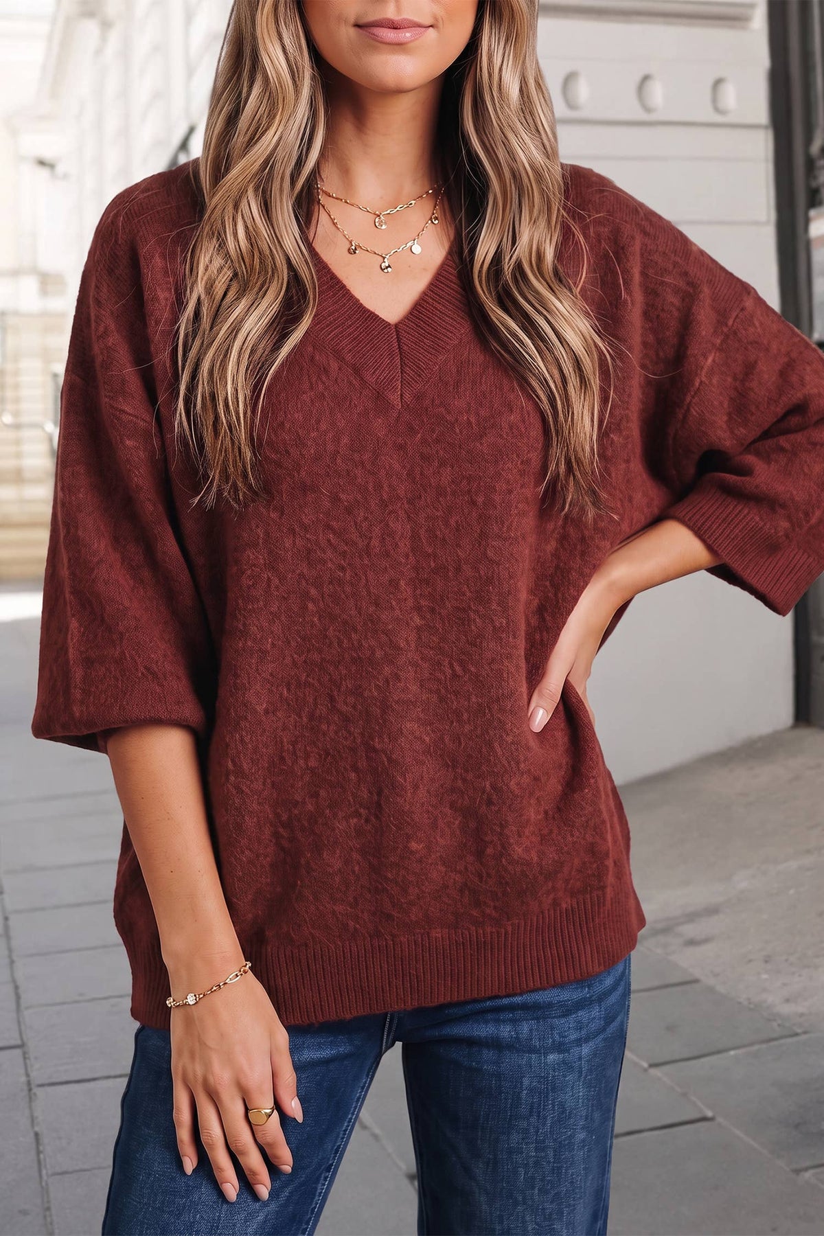 Casual Solid V Neck 3/4 Sleeve Knit Sweater