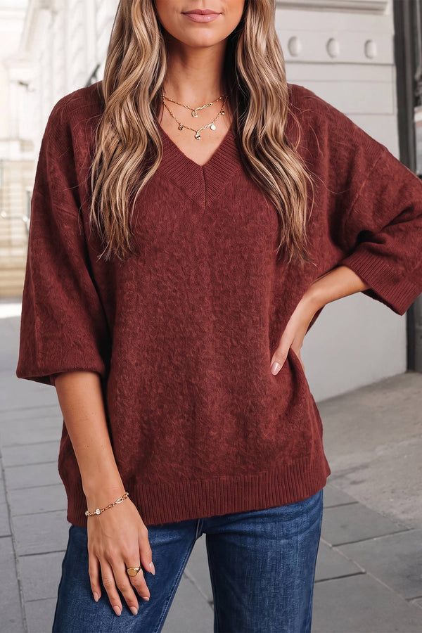 Casual Solid V Neck 3/4 Sleeve Knit Sweater