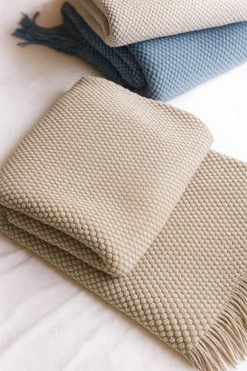 Khaki Textured Knit Throw Blanket with Fringe – 50" x 60"