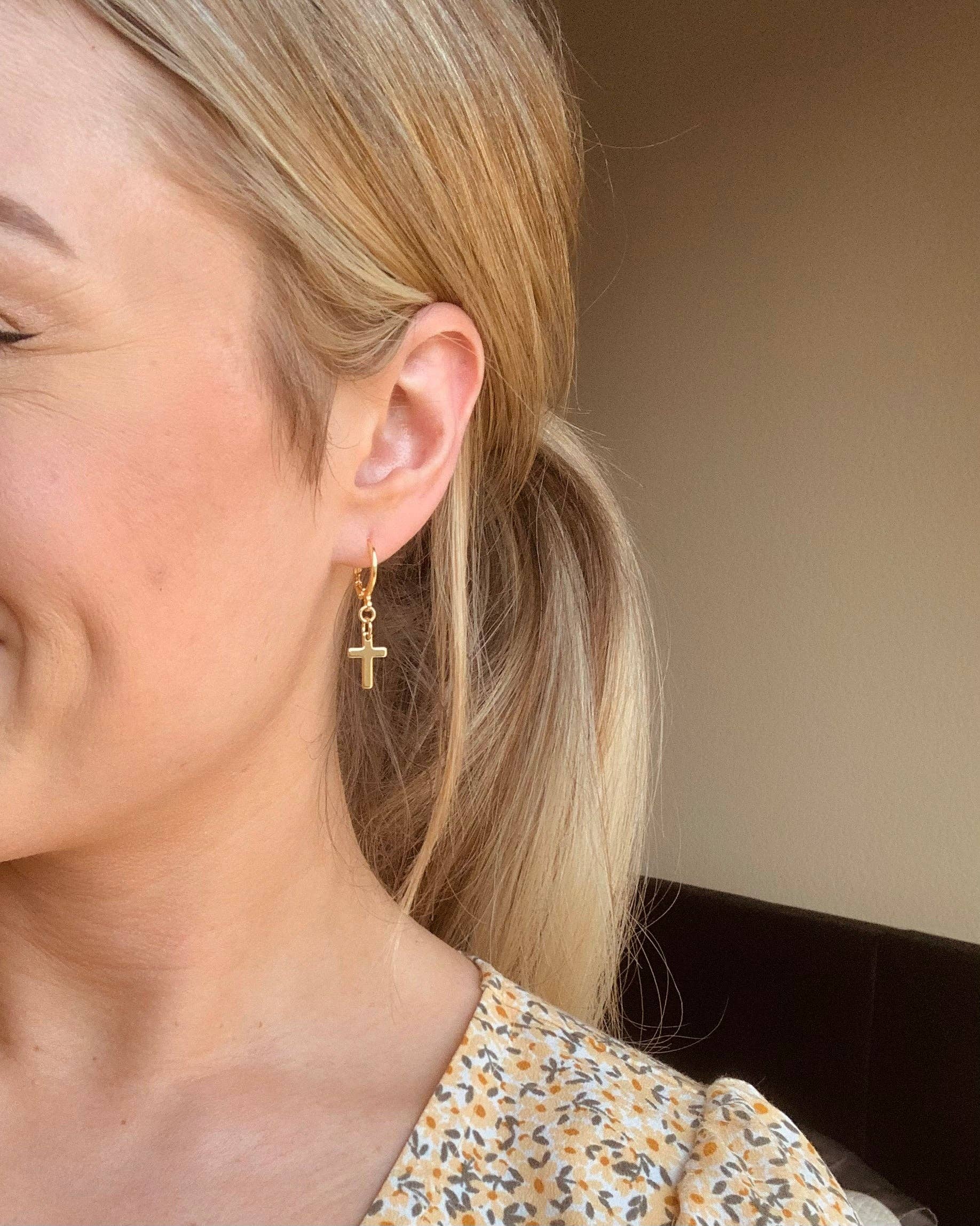 CROSS HUGGIE HOOPS | gold | cross charm earrings