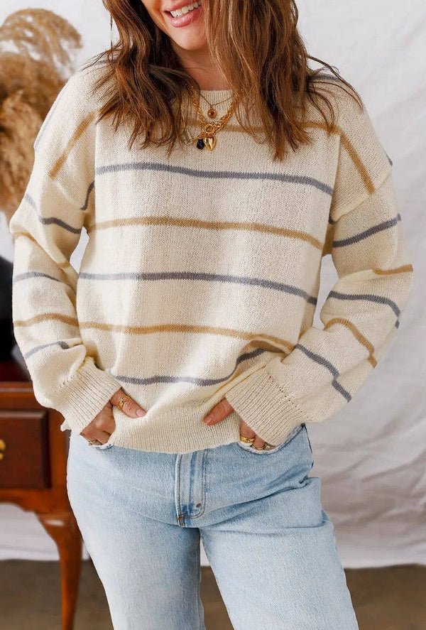 Striped Knit Crewneck Long Sleeve Casual Sweater
