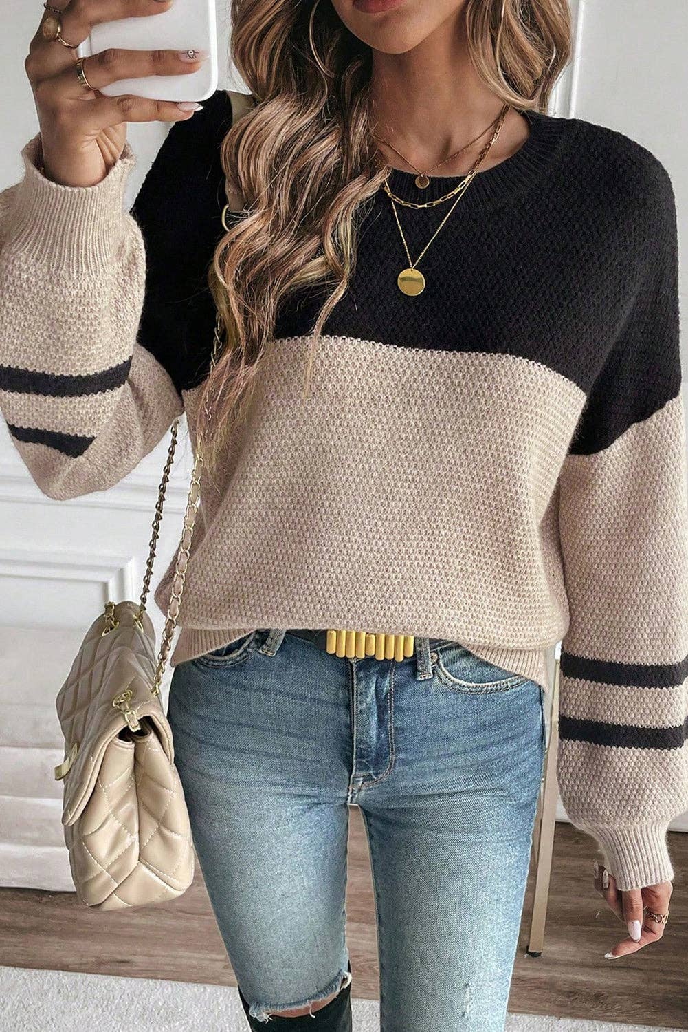 Parchment Color Block Knit Striped Sleeve Detail Casual Sweater