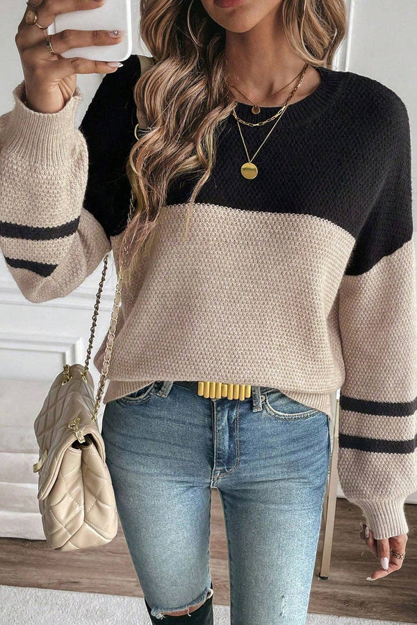 Parchment Color Block Knit Striped Sleeve Detail Casual Sweater