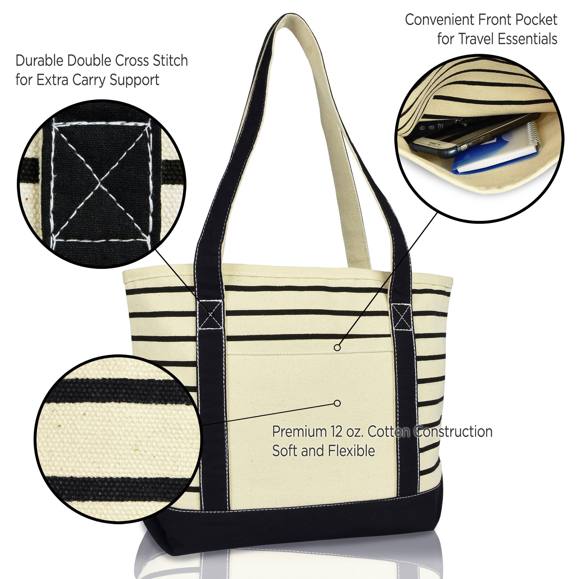 DALIX Striped Tote Deluxe Shoulder Bag Cotton Canvas