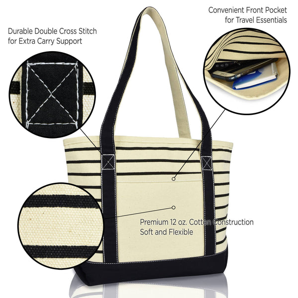 DALIX Striped Tote Deluxe Shoulder Bag Cotton Canvas