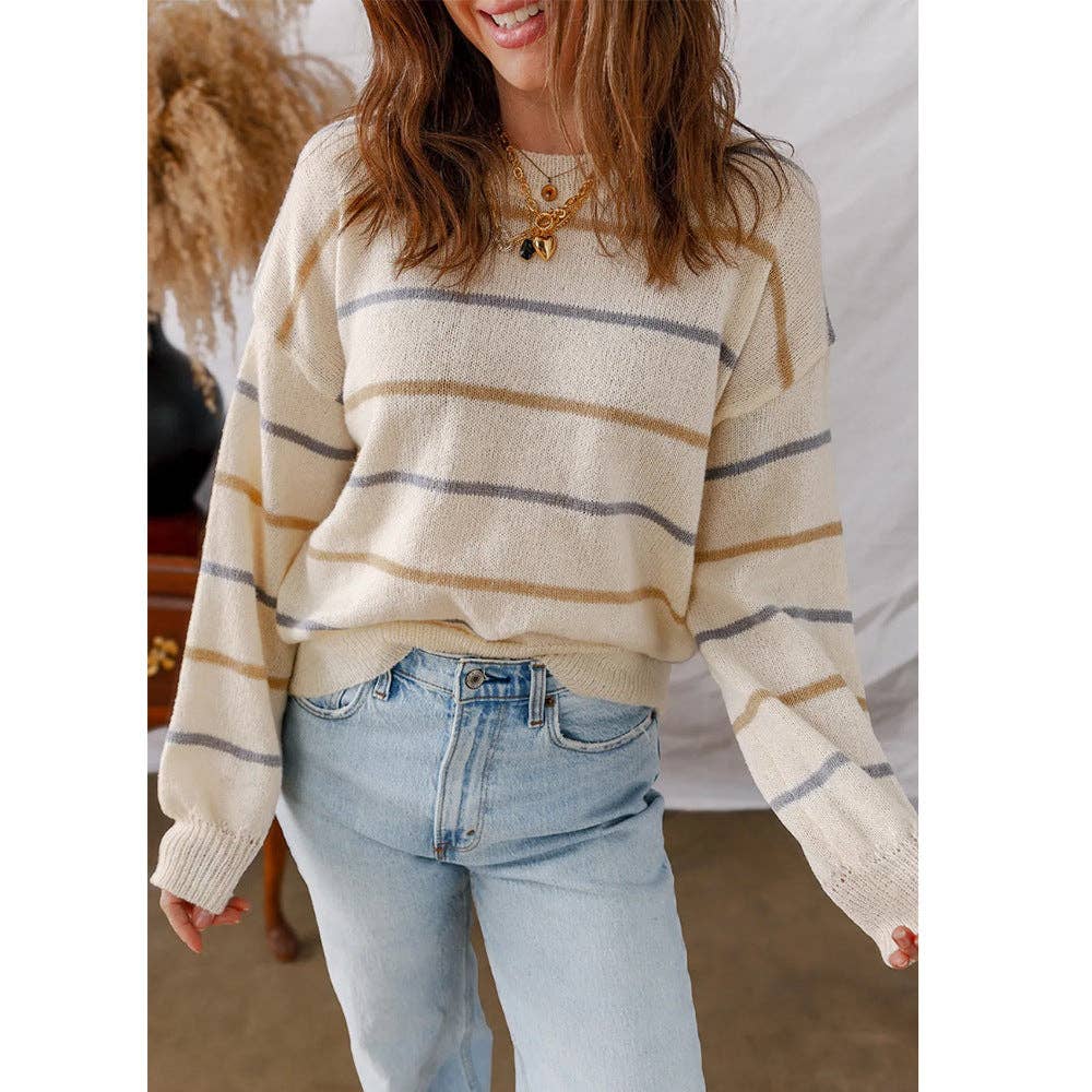 Striped Knit Crewneck Long Sleeve Casual Sweater