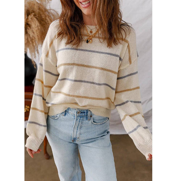 Striped Knit Crewneck Long Sleeve Casual Sweater