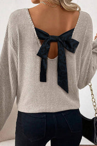 Valentine's Bow Back Ribbed Knit V Neck Long Sleeve Top