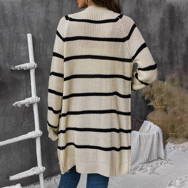 Chic Striped Buttoned Loose Cardigan Sweater