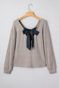 Valentine's Bow Back Ribbed Knit V Neck Long Sleeve Top