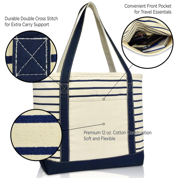 DALIX Striped Tote Deluxe Shoulder Bag Cotton Canvas