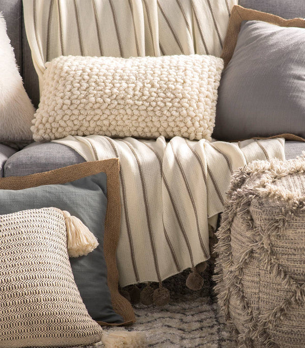 Ivory Pom pom Striped Woven 50"x60" Throw Blanket