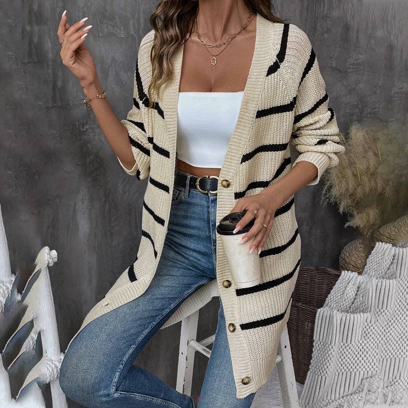 Chic Striped Buttoned Loose Cardigan Sweater