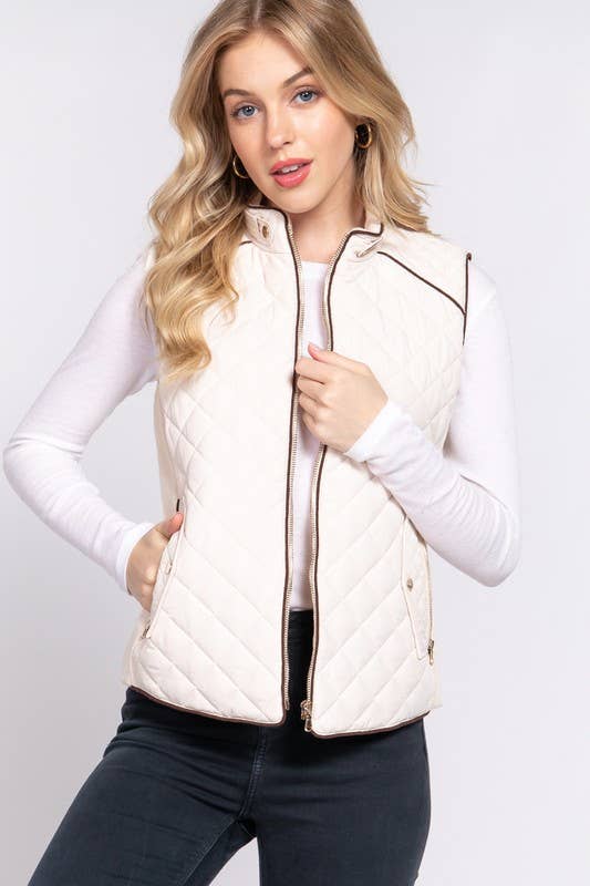 Suede Piping Detail Side Rib Quilted Padding Vest