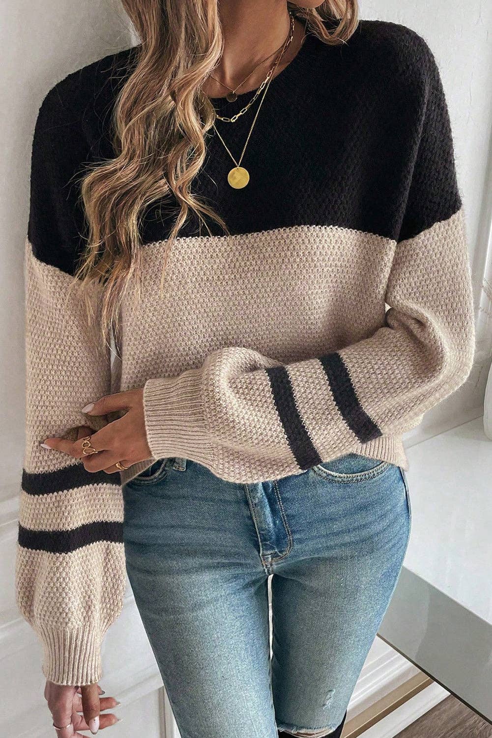 Parchment Color Block Knit Striped Sleeve Detail Casual Sweater