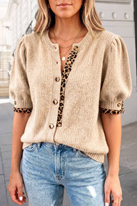 Leopard Print Trim Puff Button Sweater Cardigan