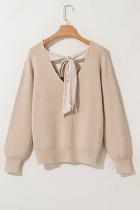 Apricot Lantern Sleeve V Neck Knot Back Sweater