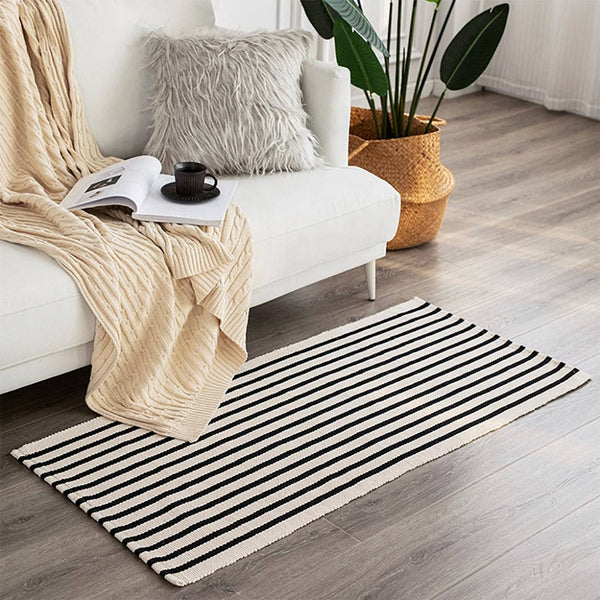 Black-Ivory Cotton Blend Classic Striped Small Area Rug