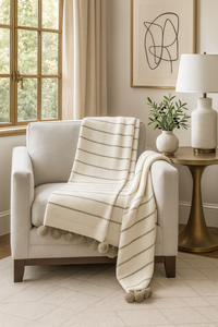 Ivory Pom pom Striped Woven 50"x60" Throw Blanket