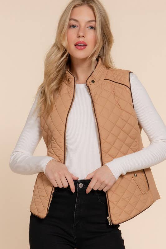 Suede Piping Detail Side Rib Quilted Padding Vest
