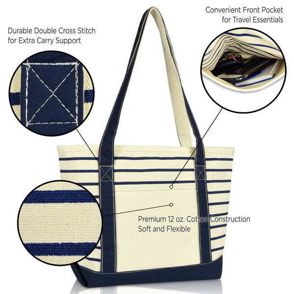 DALIX Striped Tote Deluxe Shoulder Bag Cotton Canvas