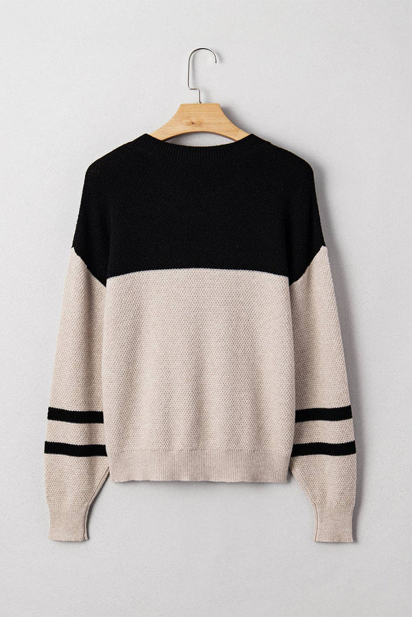Parchment Color Block Knit Striped Sleeve Detail Casual Sweater