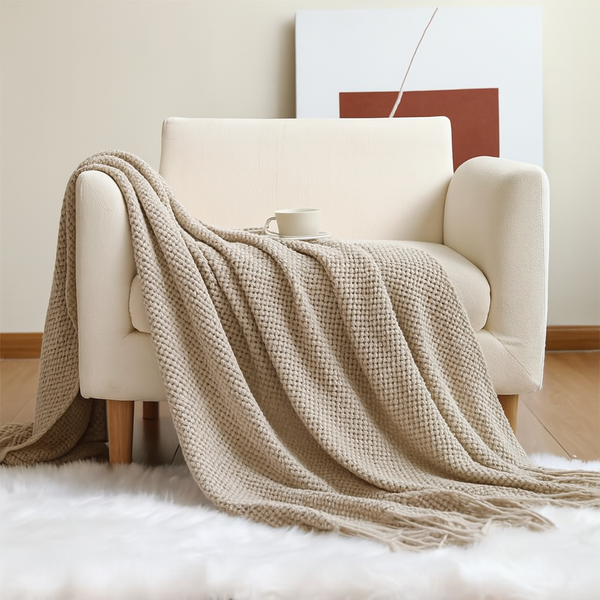 Khaki Textured Knit Throw Blanket with Fringe – 50" x 60"