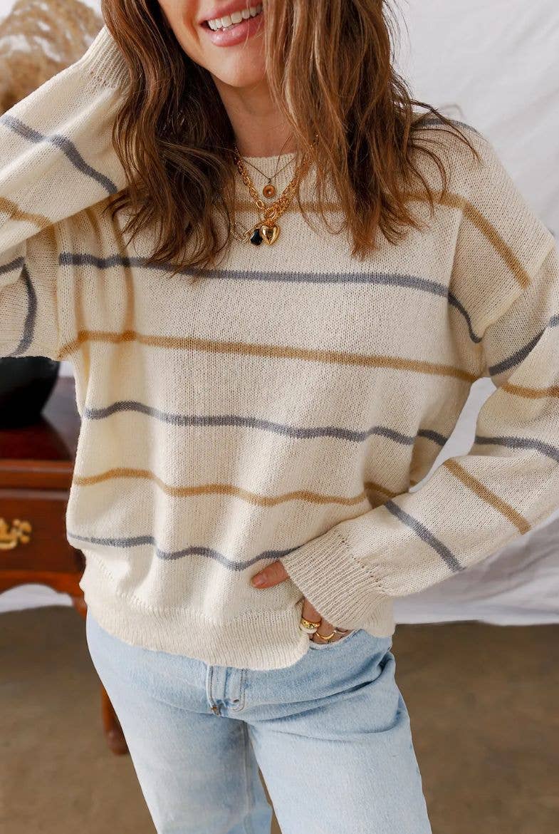 Striped Knit Crewneck Long Sleeve Casual Sweater