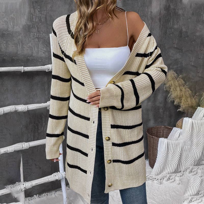 Chic Striped Buttoned Loose Cardigan Sweater